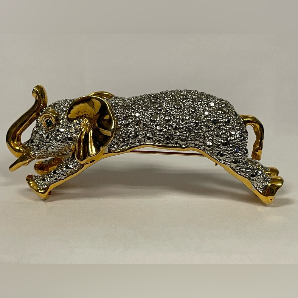 Vintage 1980's Shoulder Pin Elephant By Sylvie Gabrielli Sparkling Two Toned